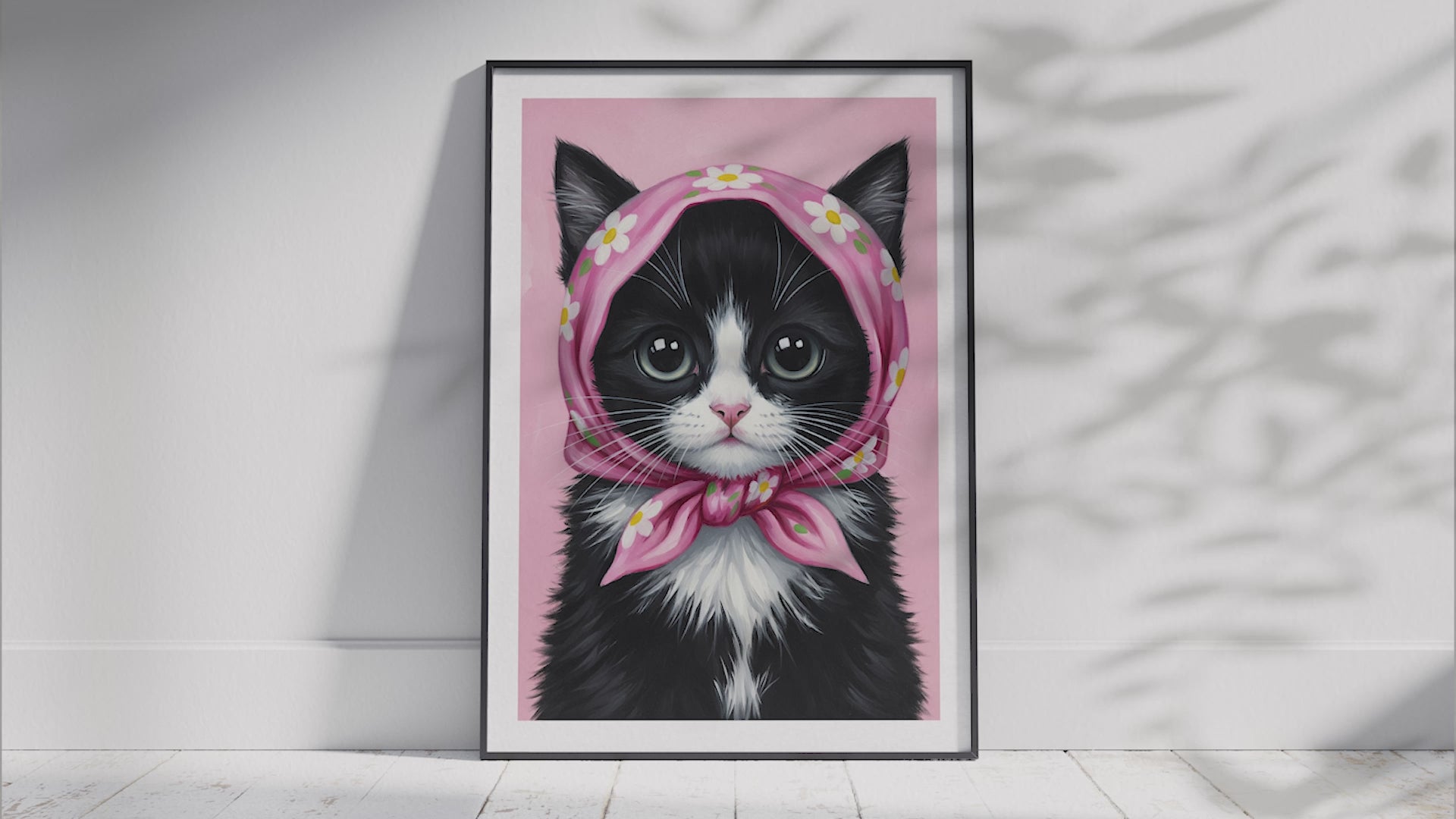Three framed posters side-by-side, each featuring a different watercolor kitten wearing a floral babushka headscarf. From left to right: a tabby kitten in a blue scarf, a black and white kitten in a pink scarf, and a ginger kitten in a green scarf.