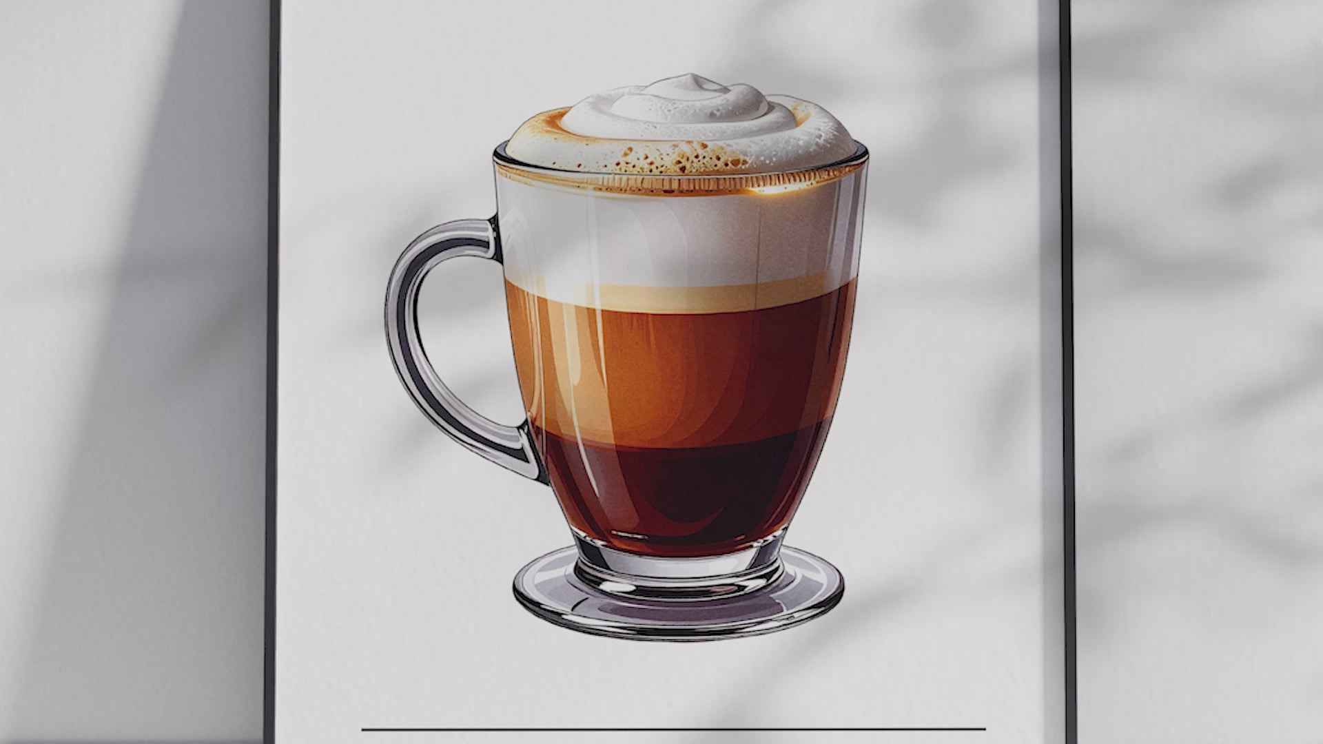 Minimalist cappuccino coffee art poster featuring a detailed illustration of a cappuccino glass with ingredients and recipe, printed on semi-gloss sustainable paper. Perfect wall art for kitchens, coffee bars, or modern interiors with a cozy and inviting aesthetic.
