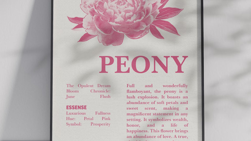 Vintage botanical peony poster featuring a detailed flower illustration in soft pink tones, printed on semi-gloss sustainable paper. Perfect wall art for living rooms, bedrooms, or modern interiors with a romantic and natural aesthetic.
