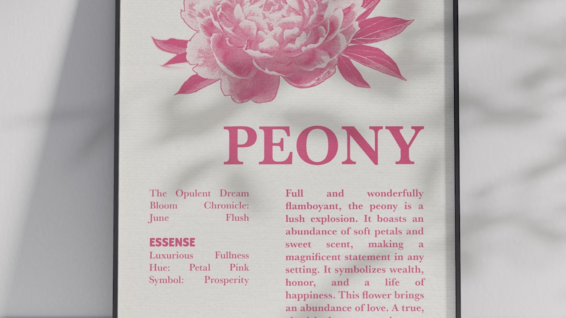 Vintage botanical peony poster featuring a detailed flower illustration in soft pink tones, printed on semi-gloss sustainable paper. Perfect wall art for living rooms, bedrooms, or modern interiors with a romantic and natural aesthetic.