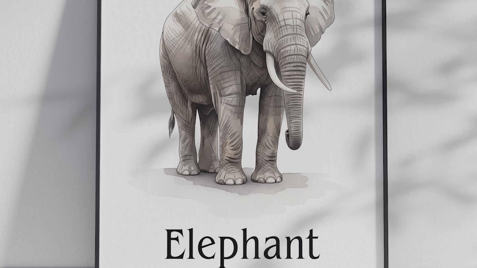 Detailed hand-illustrated Educational Elephant Animal Poster for the letter 'E', printed on semi-gloss sustainable paper. Perfect wall art for children's rooms, nurseries, or playrooms with an educational and nature-inspired aesthetic.