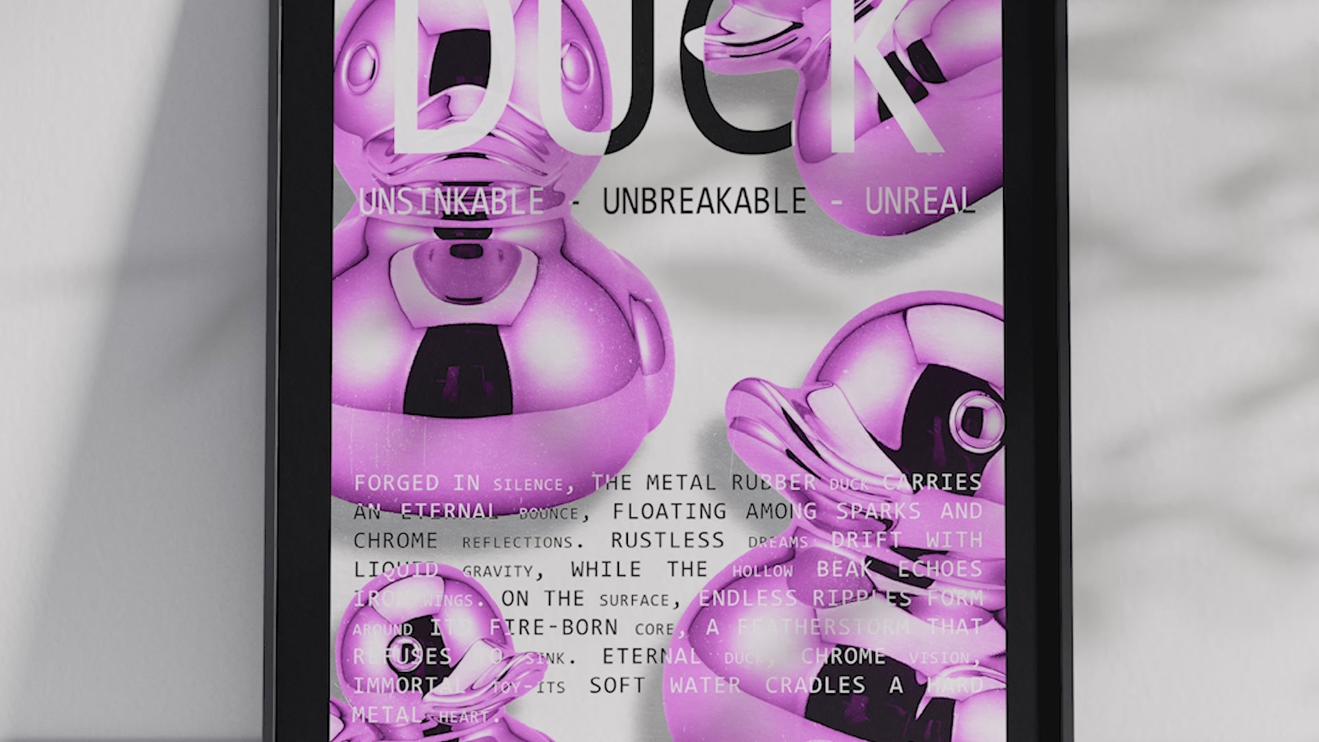 Vibrant metallic rubber duck poster featuring a glossy and reflective illustration in various colors. This modern pop art print is perfect for adding a bold and playful statement to living rooms, offices, or minimalist interiors.