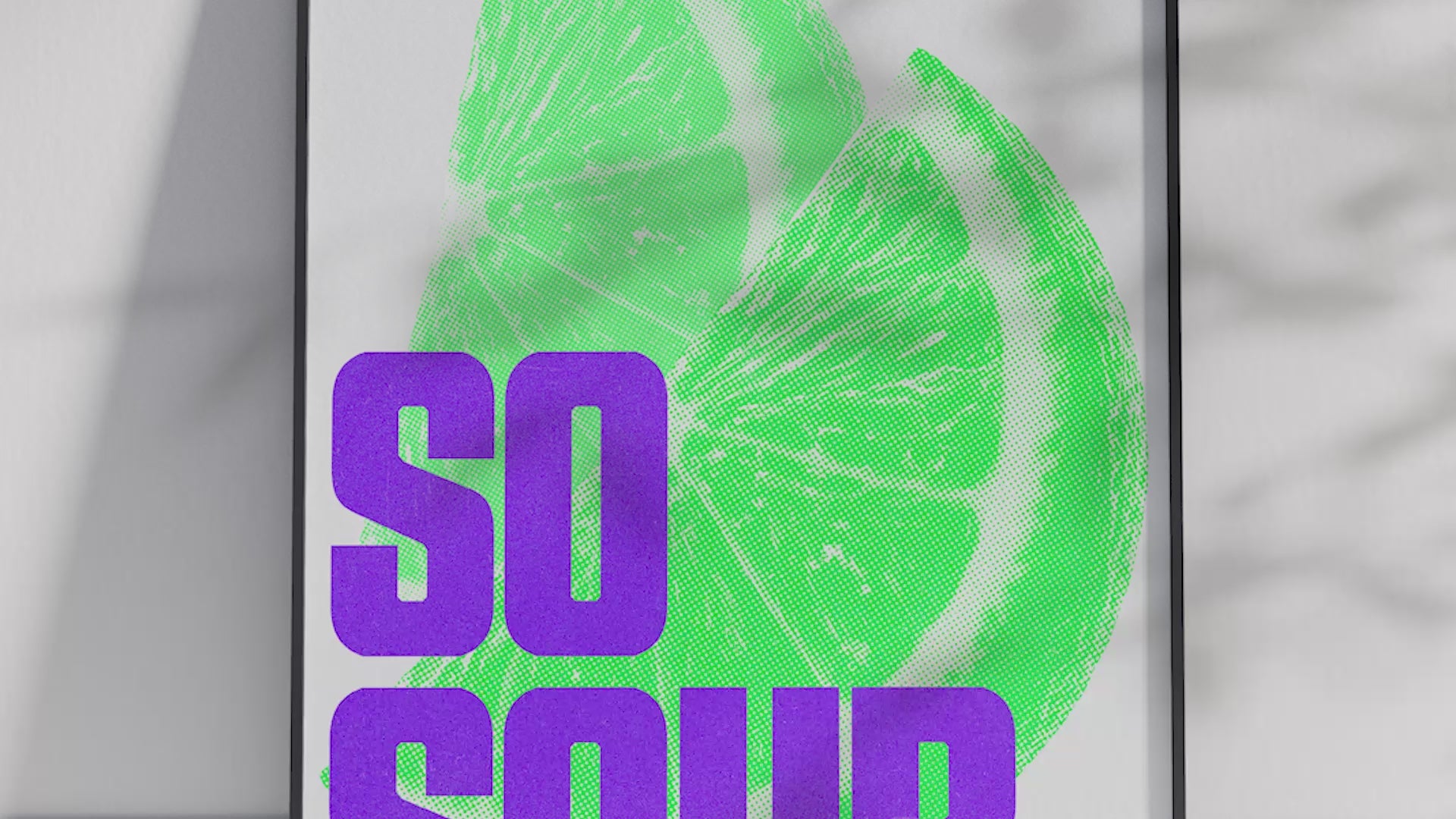 Bold and modern halftone lime poster featuring a vibrant, graphic-style illustration with "So Sour" text, printed on semi-gloss sustainable paper. Perfect wall art for kitchens, bar areas, or modern interiors with a lively and energetic aesthetic.