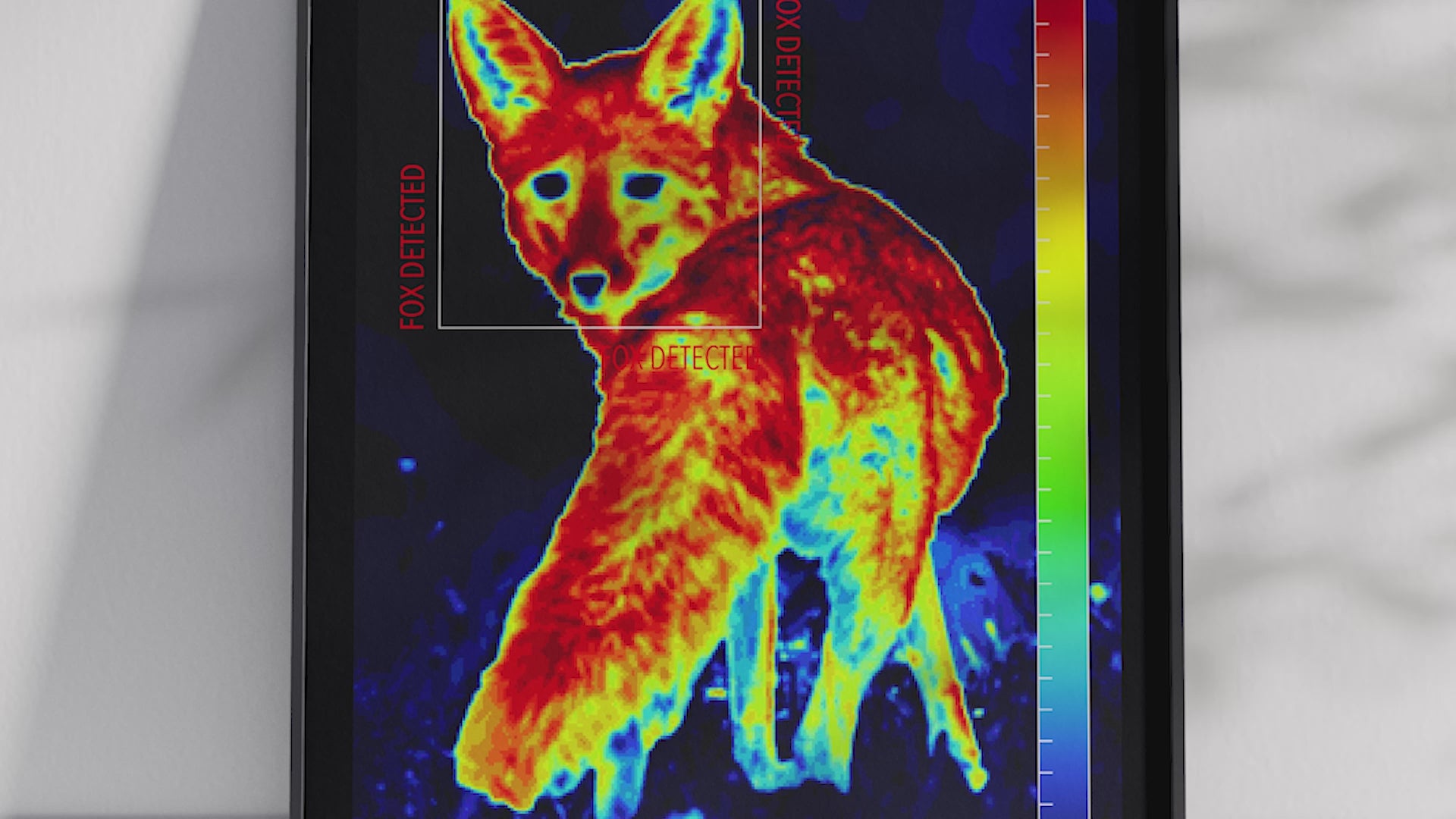 Modern infrared fluffy fox poster featuring a detailed wildlife illustration in vibrant thermal colors, printed on semi-gloss paper. Perfect wall art for living rooms, dens, or modern interiors with a unique, wild aesthetic.