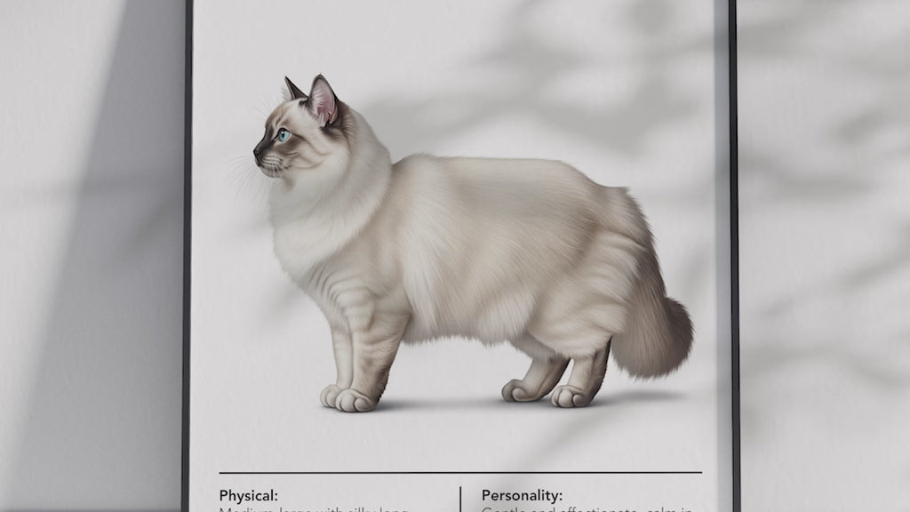 Ethereal Birman cat breed poster featuring a detailed illustration of the cat with its striking blue eyes, long silky coat, and white "gloves", printed on semi-gloss sustainable paper. Perfect wall art for living rooms, bedrooms, or tranquil interiors with a serene and elegant aesthetic.