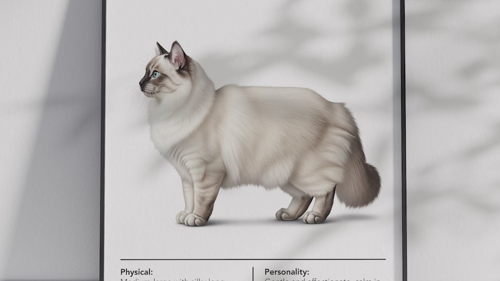 Ethereal Birman cat breed poster featuring a detailed illustration of the cat with its striking blue eyes, long silky coat, and white "gloves", printed on semi-gloss sustainable paper. Perfect wall art for living rooms, bedrooms, or tranquil interiors with a serene and elegant aesthetic.