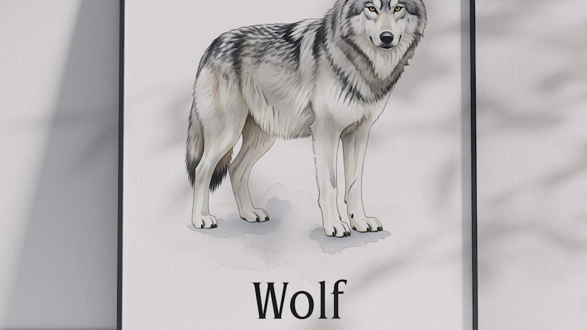 Detailed hand-illustrated Educational Wolf Animal Poster for the letter 'W', printed on semi-gloss sustainable paper. Perfect wall art for children's rooms, nurseries, or playrooms with an educational and nature-inspired aesthetic.