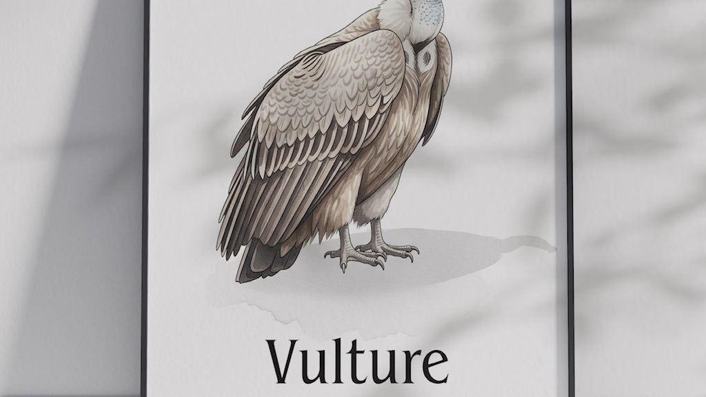 Detailed hand-illustrated Educational Vulture Animal Poster for the letter 'V', printed on semi-gloss sustainable paper. Perfect wall art for children's rooms, nurseries, or playrooms with an educational and nature-inspired aesthetic.