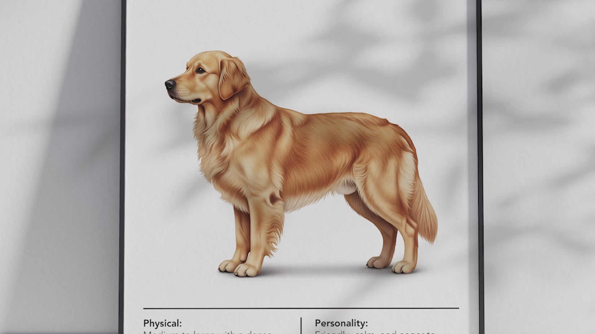 Detailed Golden Retriever dog breed poster showcasing its iconic coat and friendly, joyful personality traits, printed on semi-gloss sustainable paper. Perfect wall art for family rooms, living rooms, or modern interiors with a warm and inviting aesthetic.