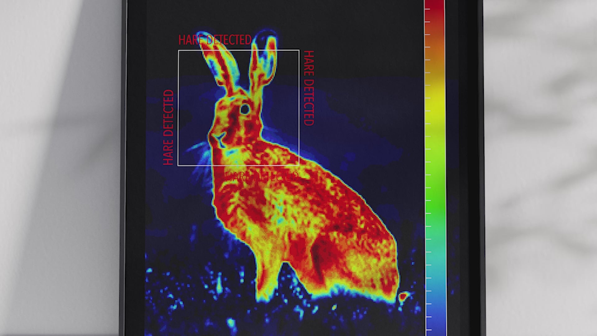 Modern infrared wild hare poster featuring a detailed wildlife illustration in vibrant thermal colors, printed on semi-gloss paper. Perfect wall art for living rooms, studies, or modern interiors with a calm, natural aesthetic.