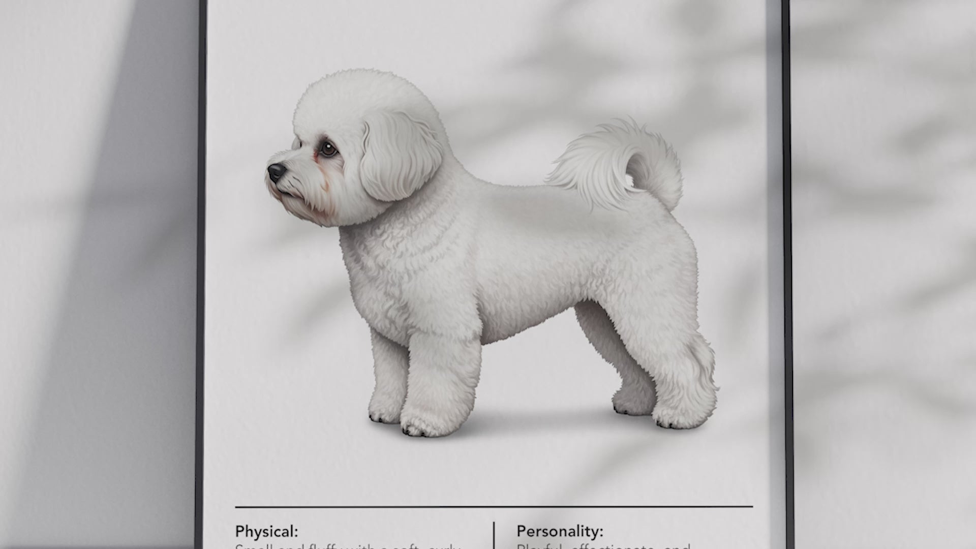 Detailed Bichon Frisé dog breed poster showcasing its fluffy appearance and cheerful personality traits, printed on semi-gloss sustainable paper. Perfect wall art for living rooms, nurseries, or modern interiors with a charming and joyful aesthetic.