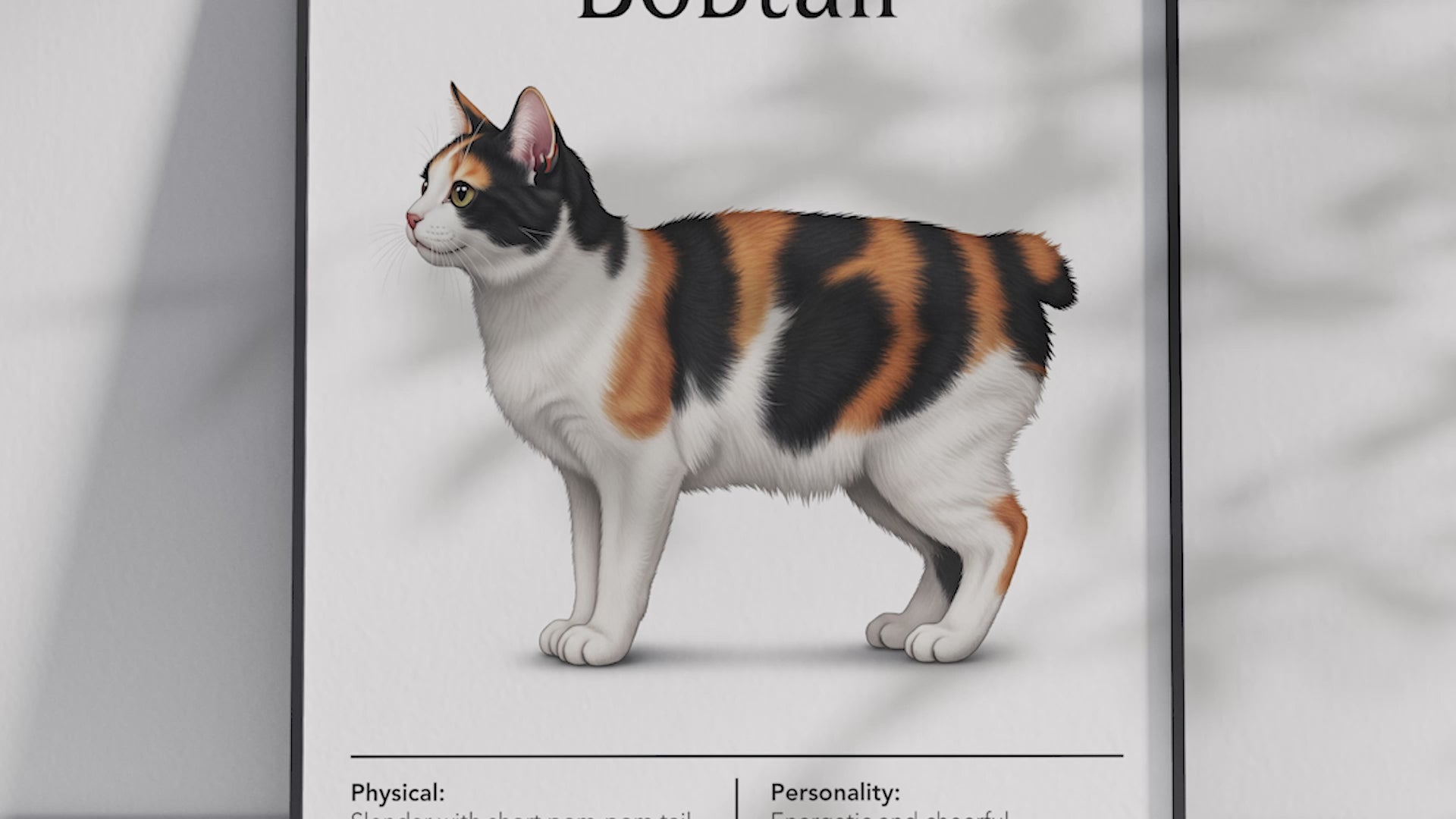 Charming Japanese Bobtail cat breed poster featuring a detailed illustration of the cat with its distinctive bobtail, printed on semi-gloss sustainable paper. Perfect wall art for playrooms, living rooms, or modern interiors with a playful and cheerful aesthetic.