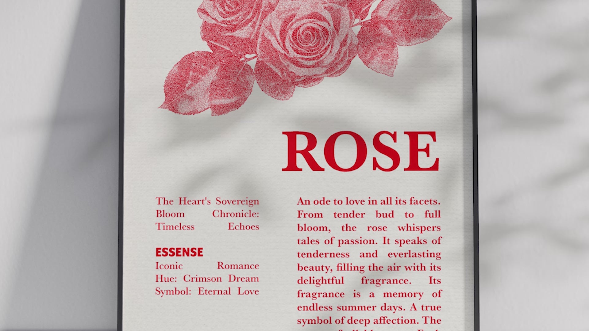 Vintage botanical rose poster featuring a detailed flower illustration in soft red tones, printed on semi-gloss sustainable paper. Perfect wall art for living rooms, bedrooms, or modern interiors with a romantic and natural aesthetic.