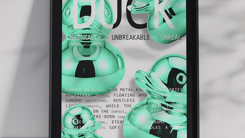 Vibrant metallic rubber duck poster featuring a glossy and reflective illustration in various colors. This modern pop art print is perfect for adding a bold and playful statement to living rooms, offices, or minimalist interiors.