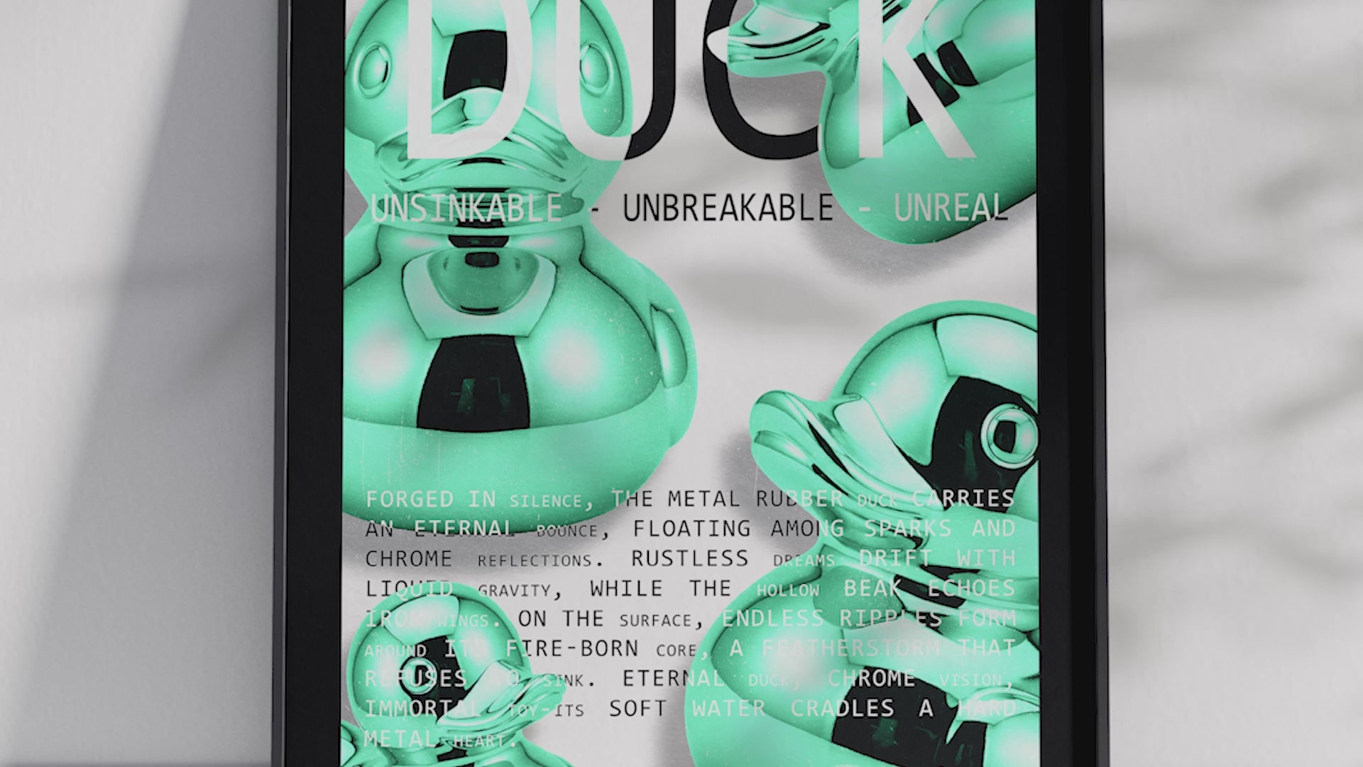 Vibrant metallic rubber duck poster featuring a glossy and reflective illustration in various colors. This modern pop art print is perfect for adding a bold and playful statement to living rooms, offices, or minimalist interiors.