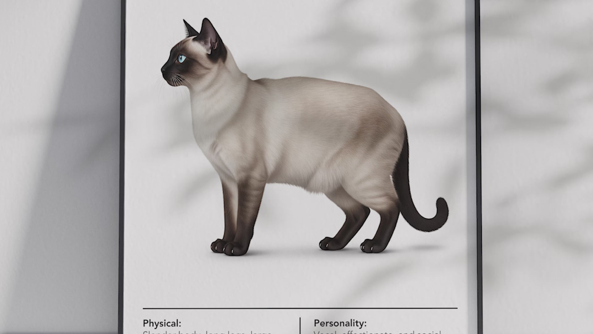 Elegant Siamese cat breed poster featuring a detailed illustration of its sleek body, striking blue eyes, and pointed color pattern, printed on semi-gloss sustainable paper. Perfect wall art for modern living rooms, studies, or sophisticated interiors with an exotic and graceful aesthetic.