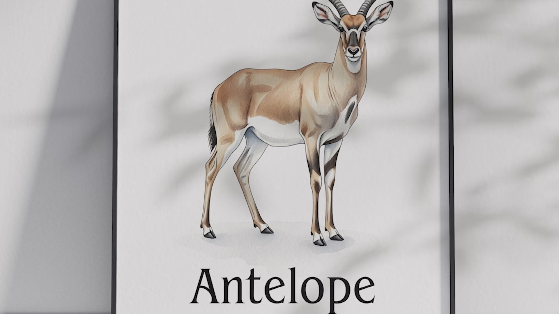Detailed hand-illustrated Educational Antelope Animal Poster for the letter 'A', printed on semi-gloss sustainable paper. Perfect wall art for children's rooms, nurseries, or playrooms with an educational and nature-inspired aesthetic.