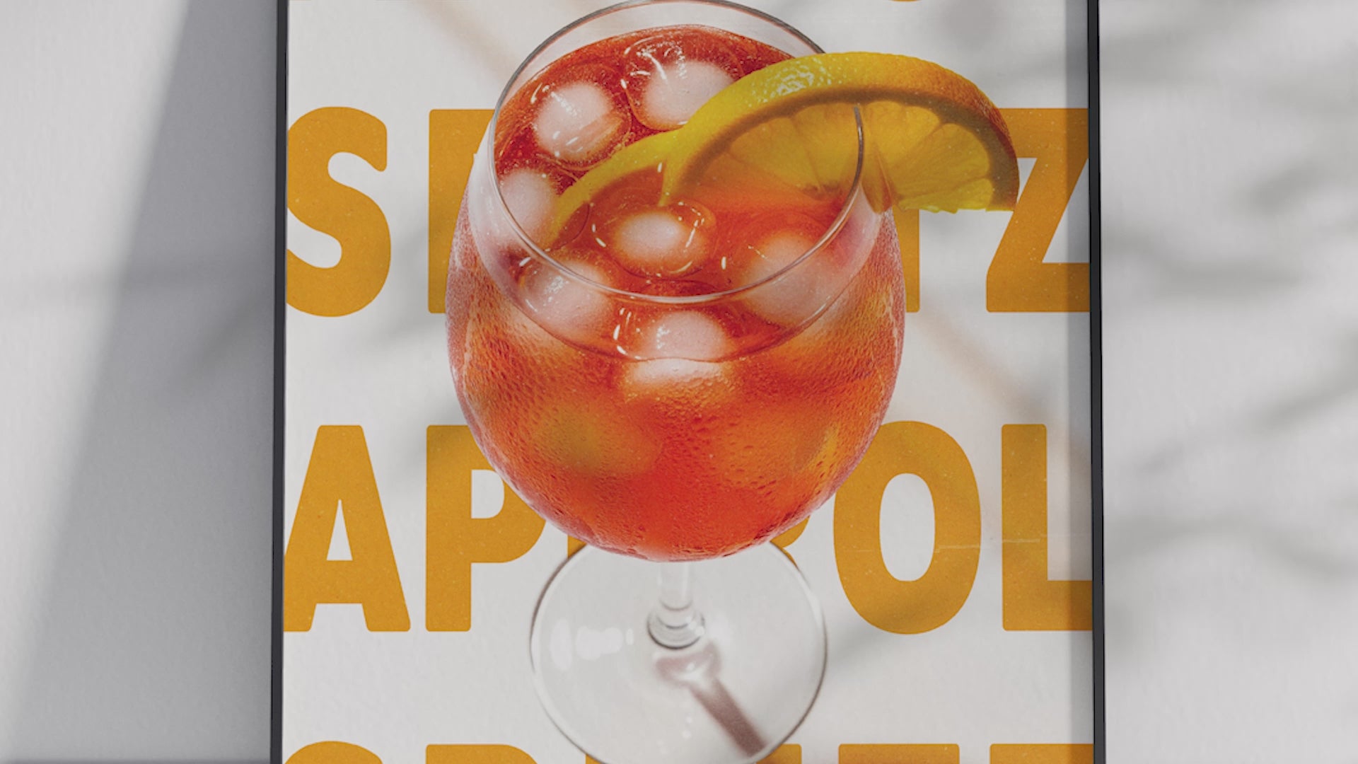 Vibrant Aperol Spritz cocktail poster featuring bold typography and a refreshing drink illustration, printed on semi-gloss sustainable paper. Perfect wall art for kitchens, bar areas, or modern interiors with a cheerful and lively aesthetic.