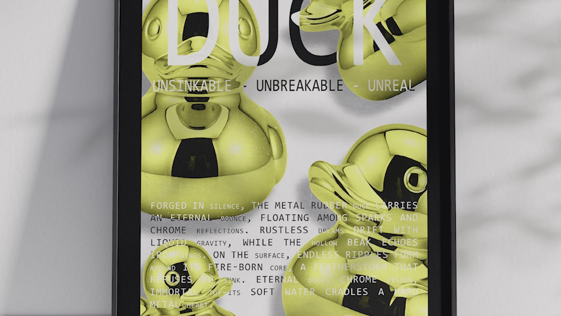 Vibrant metallic rubber duck poster featuring a glossy and reflective illustration in various colors. This modern pop art print is perfect for adding a bold and playful statement to living rooms, offices, or minimalist interiors.