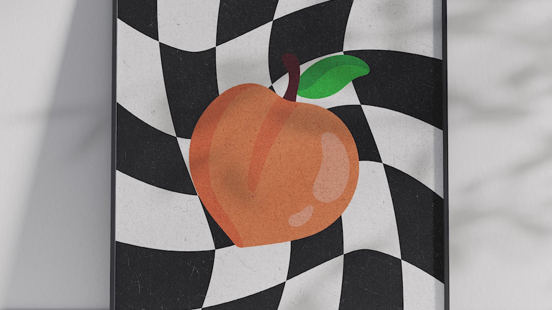 Vibrant abstract checkered peach poster featuring a colorful fruit illustration on a dynamic black and white background, printed on semi-gloss paper. Perfect wall art for living rooms, dining areas, or modern interiors with a playful and energetic aesthetic.