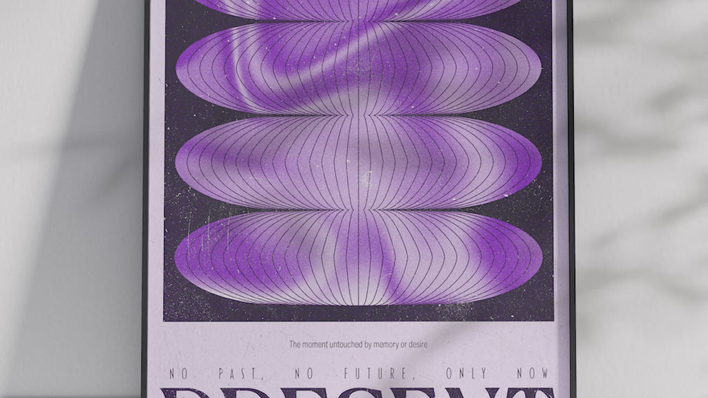 Abstract mindfulness poster featuring flowing purple and black shapes with the word "PRESENT," printed on semi-gloss sustainable paper. Perfect wall art for bedrooms, meditation spaces, or modern interiors with a calm and spiritual aesthetic.