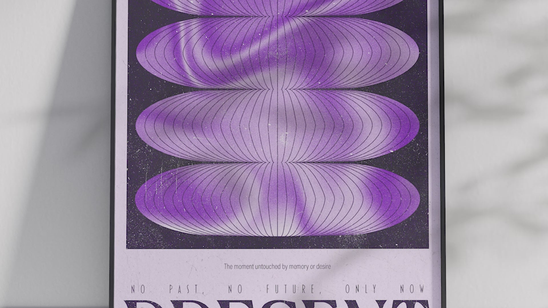 Abstract mindfulness poster featuring flowing purple and black shapes with the word "PRESENT," printed on semi-gloss sustainable paper. Perfect wall art for bedrooms, meditation spaces, or modern interiors with a calm and spiritual aesthetic.