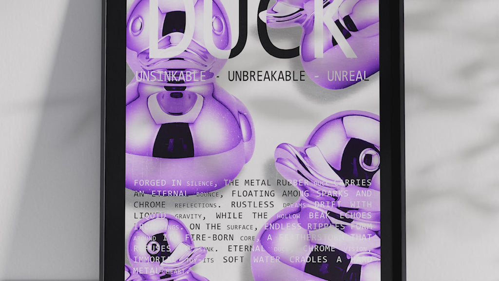 Vibrant metallic rubber duck poster featuring a glossy and reflective illustration in various colors. This modern pop art print is perfect for adding a bold and playful statement to living rooms, offices, or minimalist interiors.