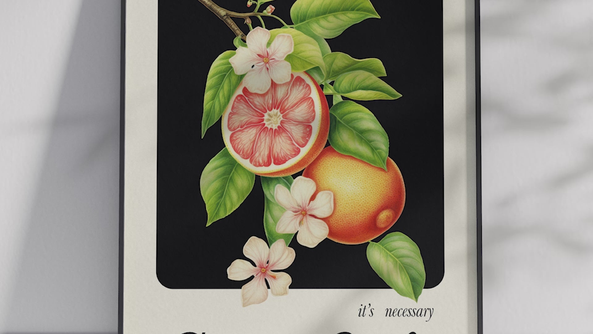 Minimalist botanical grapefruit poster featuring a detailed fruit illustration and an empowering quote, printed on semi-gloss sustainable paper. Perfect wall art for kitchens, dining areas, or modern interiors with a bright and honest aesthetic.