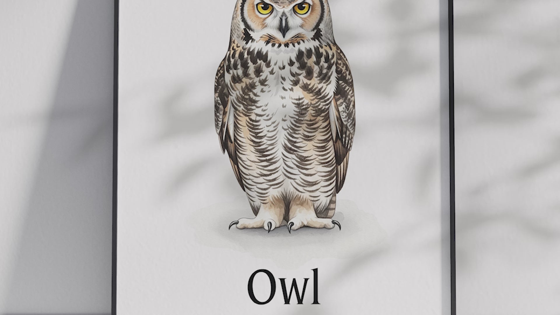 Detailed hand-illustrated Educational Owl Animal Poster for the letter 'O', printed on semi-gloss sustainable paper. Perfect wall art for children's rooms, nurseries, or playrooms with an educational and nature-inspired aesthetic.