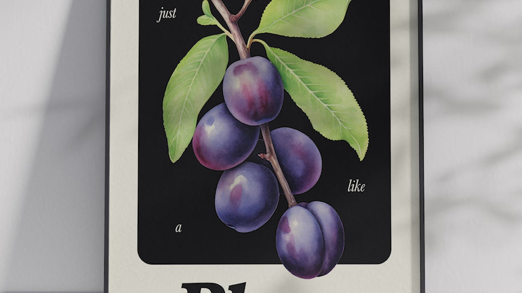 Minimalist botanical plum poster featuring a detailed fruit illustration and an inspiring quote, printed on semi-gloss sustainable paper. Perfect wall art for kitchens, dining areas, or modern interiors with a calm and thoughtful aesthetic.