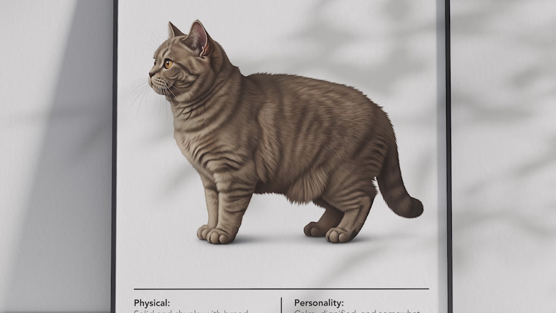 Charming British Shorthair cat breed poster featuring a detailed illustration of the cat with its dense plush coat and round face, printed on semi-gloss sustainable paper. Perfect wall art for living rooms, studies, or cozy interiors with a comforting and classic aesthetic.