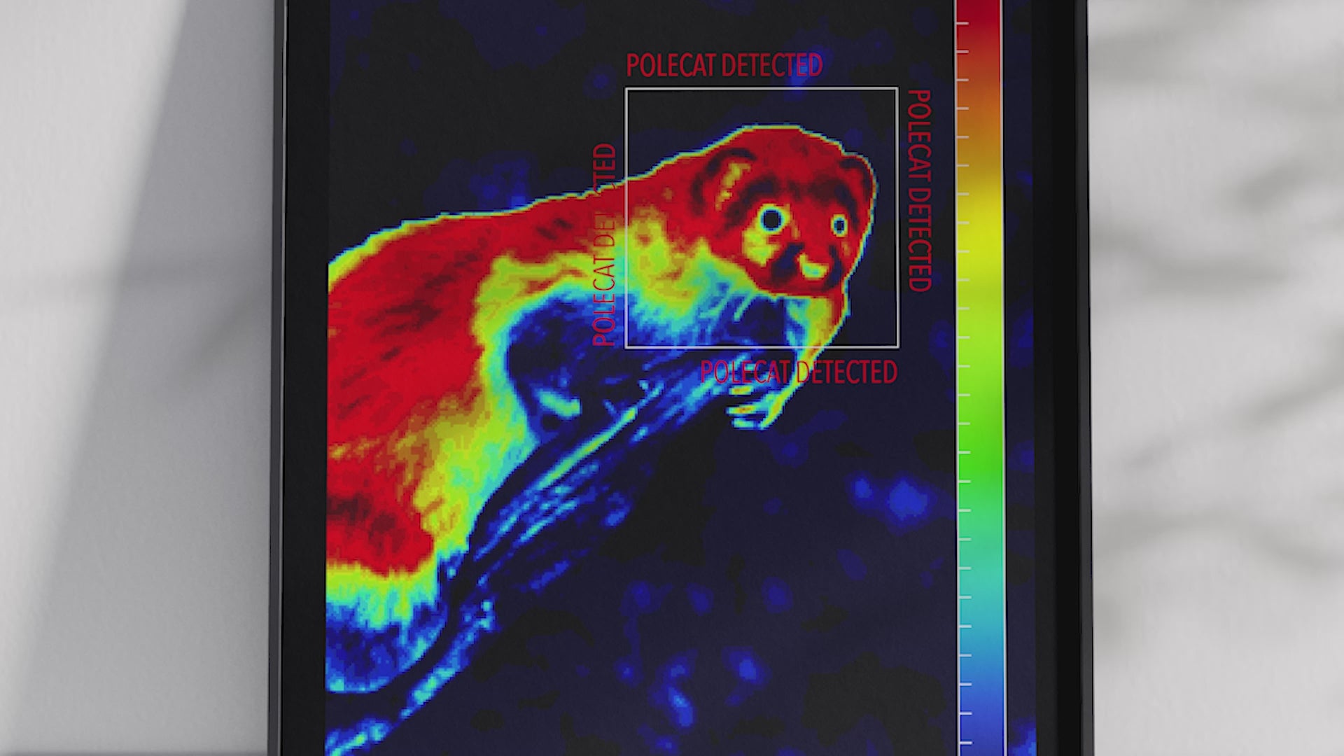 Modern infrared polecat poster featuring a detailed wildlife illustration in vibrant thermal colors, printed on semi-gloss paper. Perfect wall art for living rooms, studies, or modern interiors with a unique, wild aesthetic.