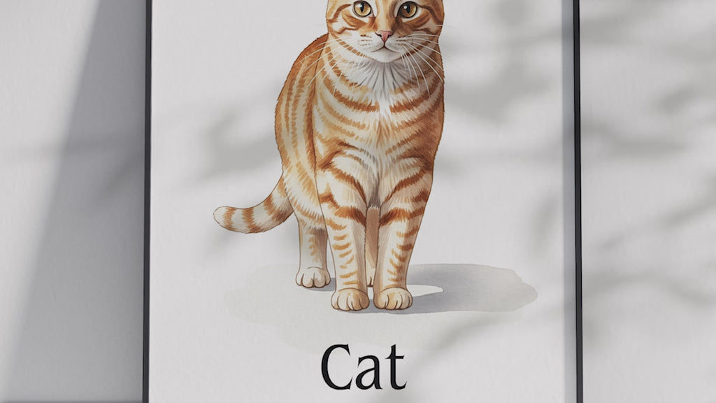 Detailed hand-illustrated Educational Cat Animal Poster for the letter 'C', printed on semi-gloss sustainable paper. Perfect wall art for children's rooms, nurseries, or playrooms with an educational and pet-friendly aesthetic.