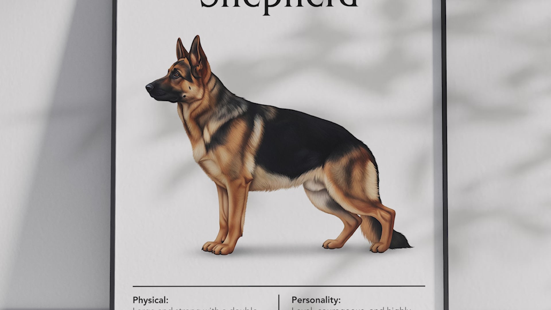 Detailed German Shepherd dog breed poster showcasing its strong physique and intelligent, loyal personality traits, printed on semi-gloss sustainable paper. Perfect wall art for studies, living rooms, or modern interiors with a dignified and powerful aesthetic.