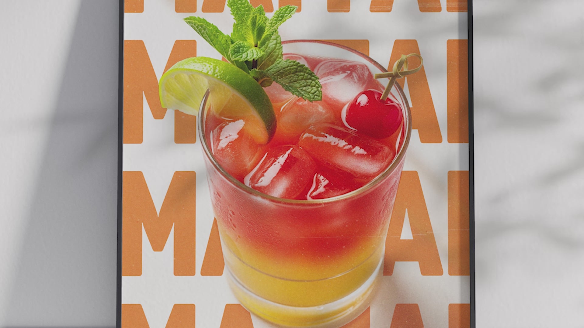 Classic Mai Tai cocktail poster featuring bold typography and an exotic drink illustration, printed on semi-gloss sustainable paper. Perfect wall art for living rooms, bar areas, or tropical-themed interiors with a vibrant and inviting aesthetic.