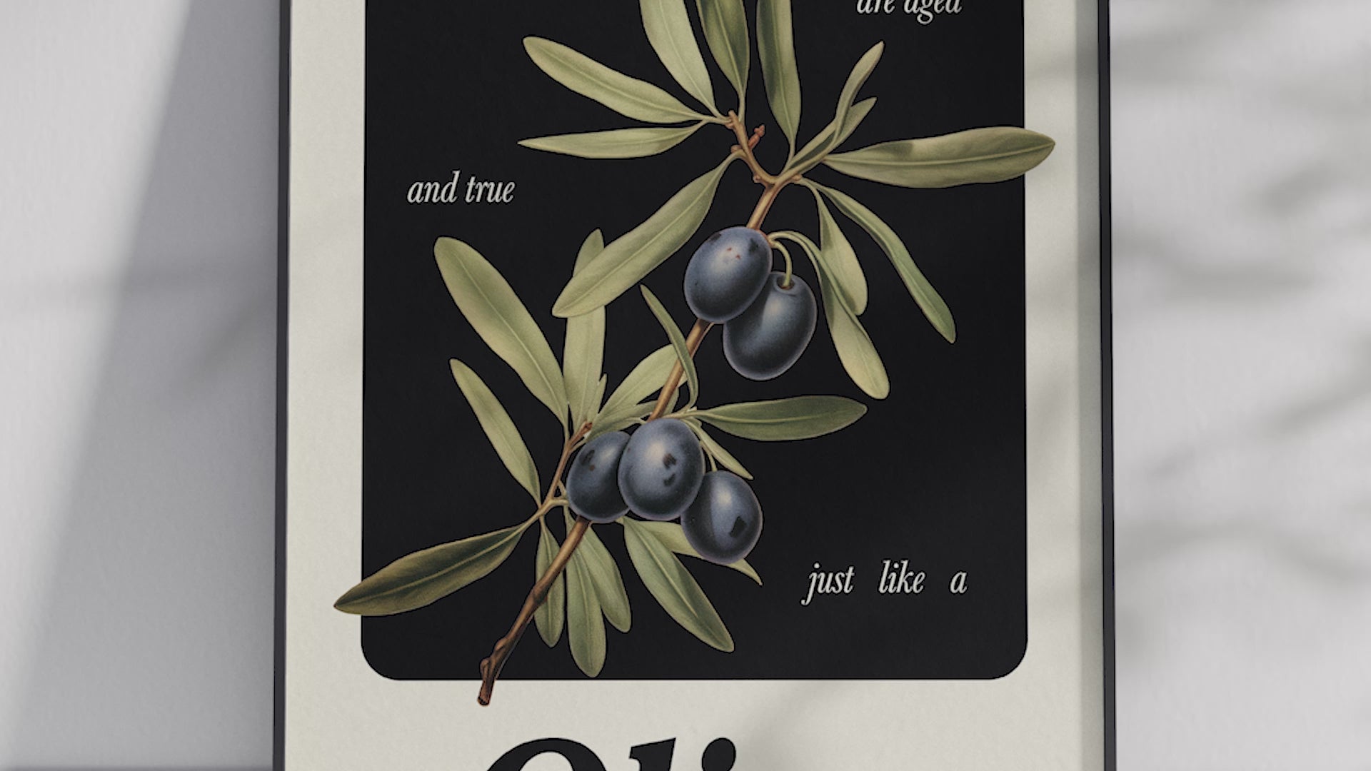Minimalist botanical olive poster featuring a detailed fruit illustration and an inspiring quote, printed on semi-gloss sustainable paper. Perfect wall art for kitchens, dining areas, or modern interiors with a rustic and timeless aesthetic.