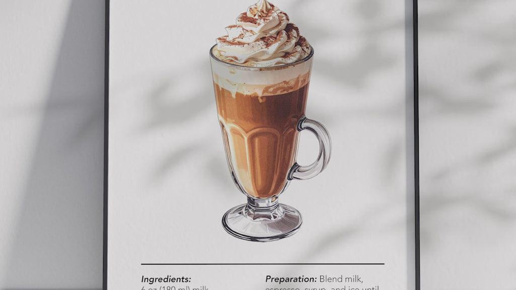 Minimalist Frappuccino coffee art poster featuring a detailed illustration of the blended drink with its recipe, printed on semi-gloss sustainable paper. Perfect wall art for kitchens, coffee bars, or modern interiors with a sweet and inviting aesthetic.