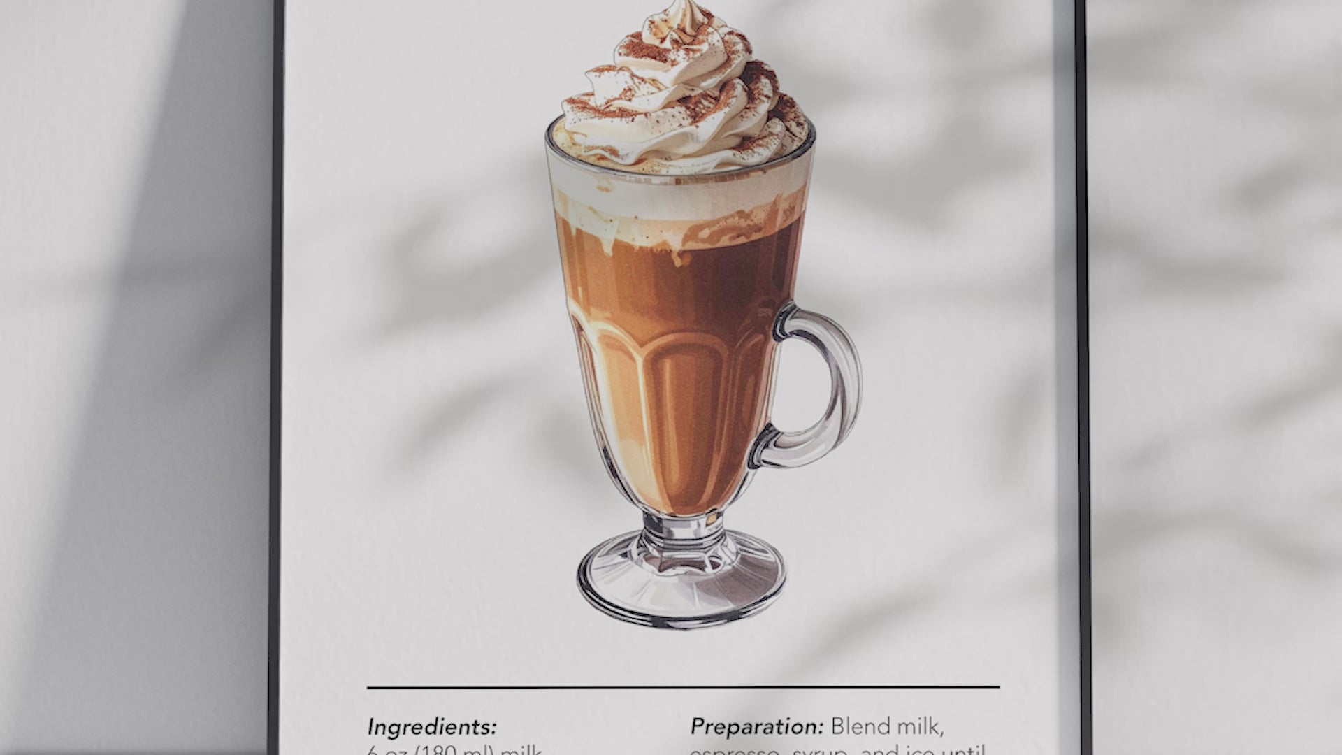 Minimalist Frappuccino coffee art poster featuring a detailed illustration of the blended drink with its recipe, printed on semi-gloss sustainable paper. Perfect wall art for kitchens, coffee bars, or modern interiors with a sweet and inviting aesthetic.