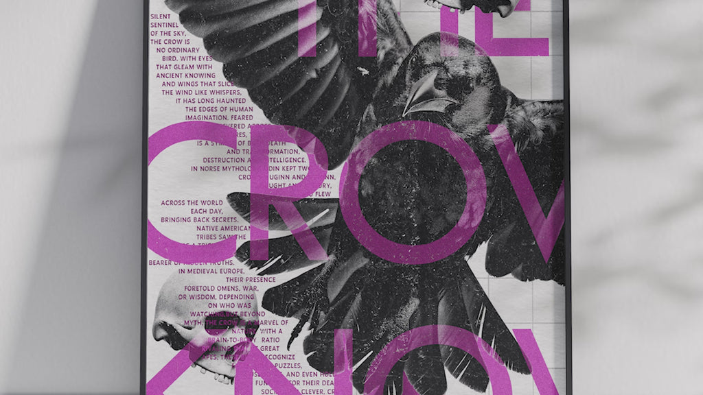 Intriguing mystical crow and skull art poster with "Nature's Smartest Observer in Black Feathers" text, featuring a detailed crow illustration, printed on semi-gloss sustainable paper. Perfect wall art for studies, offices, or modern interiors with a dark academia or symbolic aesthetic.