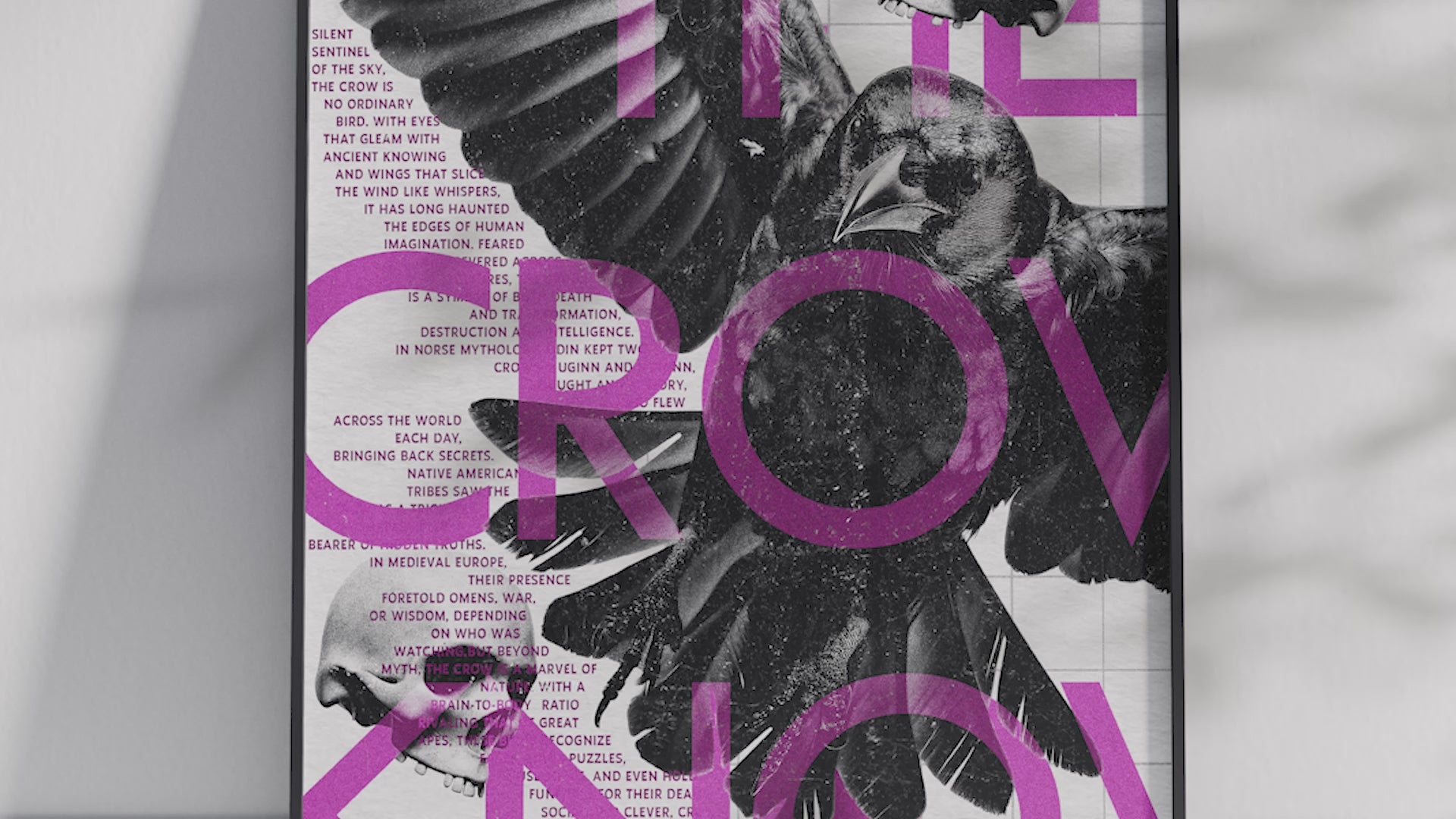 Intriguing mystical crow and skull art poster with "Nature's Smartest Observer in Black Feathers" text, featuring a detailed crow illustration, printed on semi-gloss sustainable paper. Perfect wall art for studies, offices, or modern interiors with a dark academia or symbolic aesthetic.