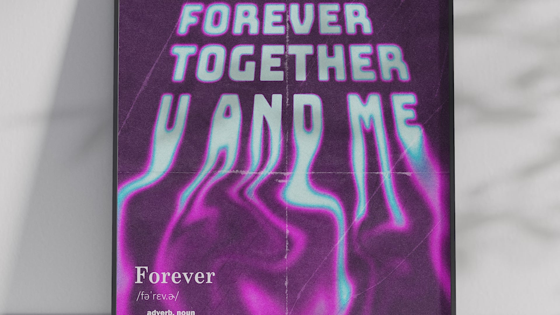 Vibrant "Forever Together U AND ME" abstract art print featuring flowing purple and blue gradients, printed on semi-gloss paper. Ideal wall art for contemporary living spaces, bedrooms, or as a meaningful gift celebrating connection.