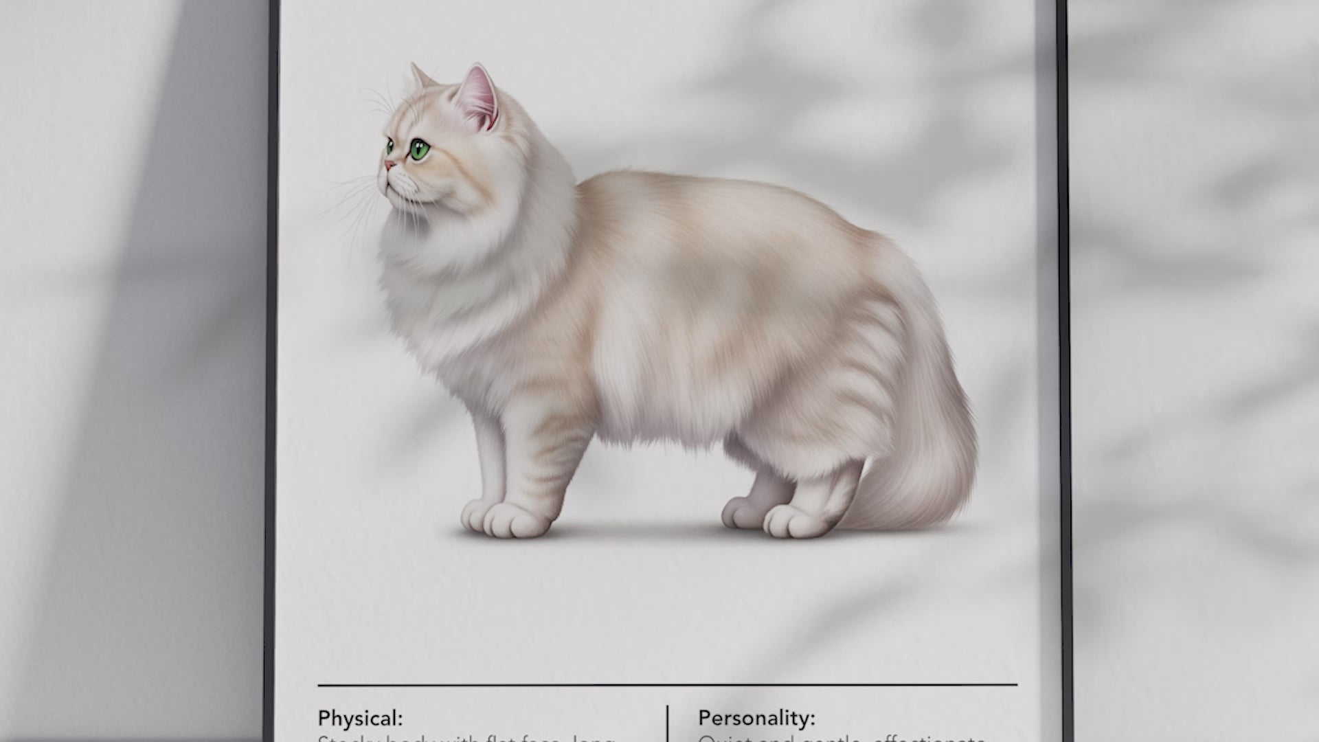 Luxurious Persian cat breed poster featuring a detailed illustration of its long, flowing coat and distinctive flat face, printed on semi-gloss sustainable paper. Perfect wall art for elegant living rooms, studies, or sophisticated interiors with a classic and serene aesthetic.