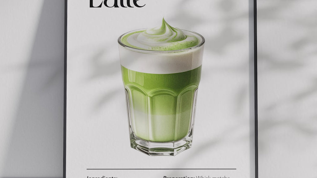 Minimalist Matcha Latte art poster featuring a detailed illustration of the green tea drink with its recipe, printed on semi-gloss sustainable paper. Perfect wall art for kitchens, wellness areas, or modern interiors with a serene and vibrant aesthetic.