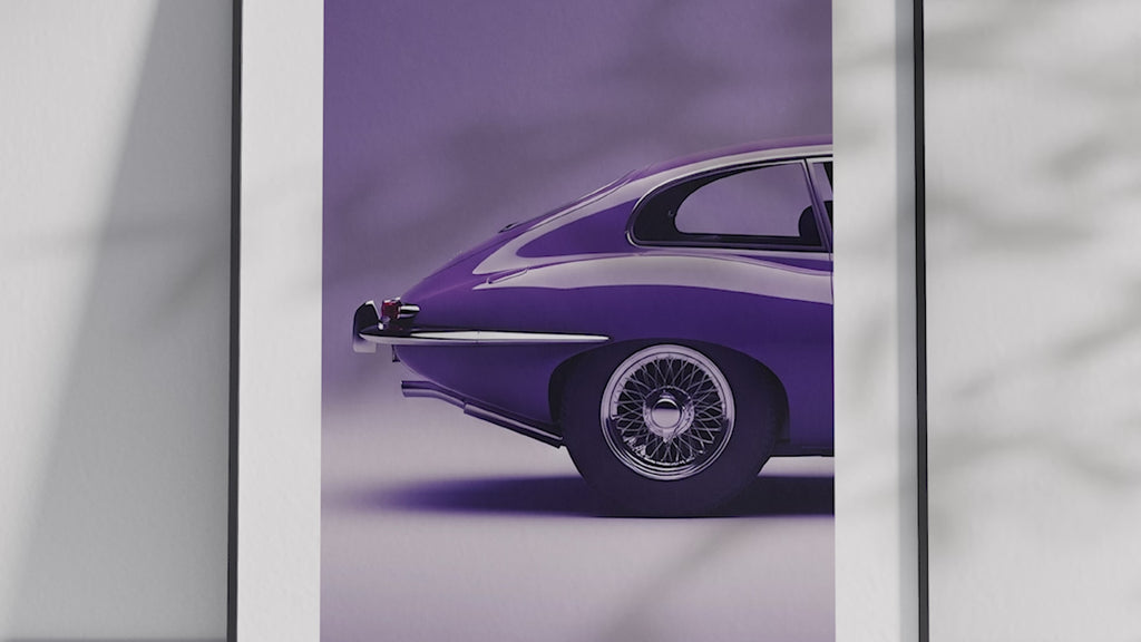 Elegant Jaguar E-Type car poster featuring a detailed classic illustration in refined tones, printed on semi-gloss sustainable paper. Perfect wall art for offices, living rooms, or modern interiors with a sophisticated and timeless aesthetic.