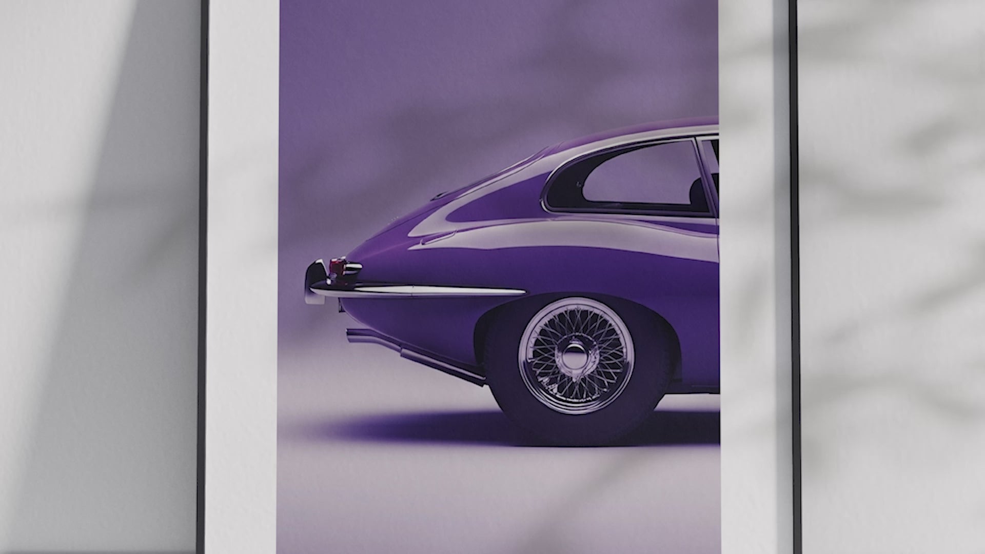 Elegant Jaguar E-Type car poster featuring a detailed classic illustration in refined tones, printed on semi-gloss sustainable paper. Perfect wall art for offices, living rooms, or modern interiors with a sophisticated and timeless aesthetic.