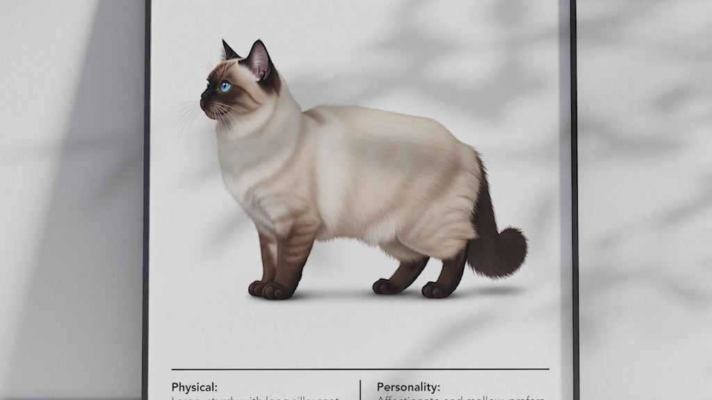 Elegant Himalayan cat breed poster featuring a detailed illustration of the cat with blue eyes and a color-point coat, printed on semi-gloss sustainable paper. Perfect wall art for living rooms, bedrooms, or classic interiors with a calm and refined aesthetic.