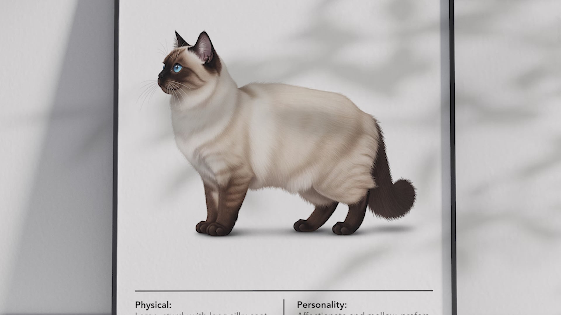 Elegant Himalayan cat breed poster featuring a detailed illustration of the cat with blue eyes and a color-point coat, printed on semi-gloss sustainable paper. Perfect wall art for living rooms, bedrooms, or classic interiors with a calm and refined aesthetic.
