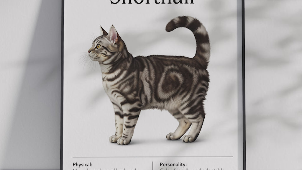 Charming American Shorthair cat breed poster featuring a detailed illustration of the cat with its strong build and amiable expression, printed on semi-gloss sustainable paper. Perfect wall art for living rooms, studies, or classic interiors with a comforting and timeless aesthetic.