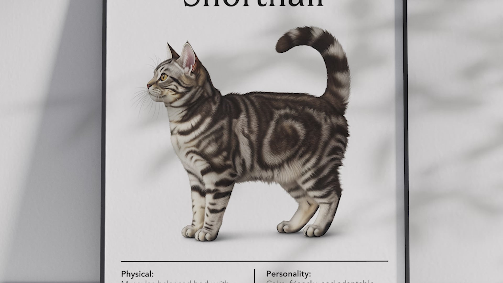 Charming American Shorthair cat breed poster featuring a detailed illustration of the cat with its strong build and amiable expression, printed on semi-gloss sustainable paper. Perfect wall art for living rooms, studies, or classic interiors with a comforting and timeless aesthetic.