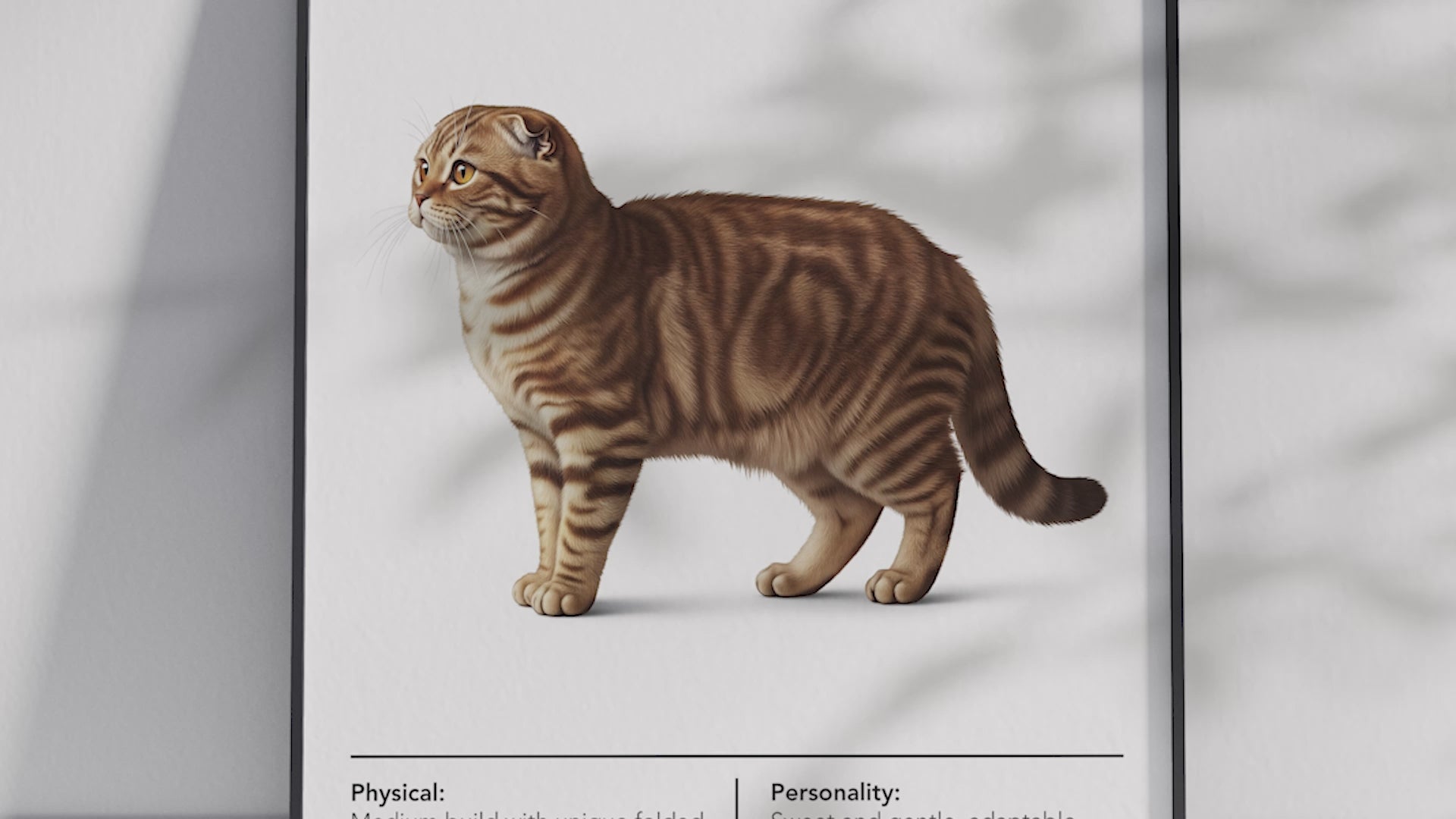 Adorable Scottish Fold cat breed poster featuring a detailed illustration of its unique folded ears, round face, and expressive eyes, printed on semi-gloss sustainable paper. Perfect wall art for cozy living rooms, children's rooms, or charming interiors with a cute and whimsical aesthetic.